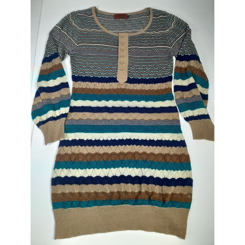 Vtg 90s Y2k Missoni Zigzag Striped Knit Dress LS Rare 1/4 Button Down Brown Blue